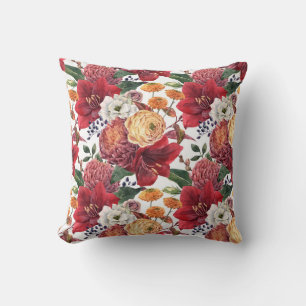 Moody Watercolor Red Amaryllis and Autumn Florals Kussen