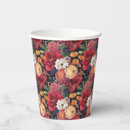 Moody Waterverf Amaryllis en Herfstbloemen Papieren Bekers (Achterkant)