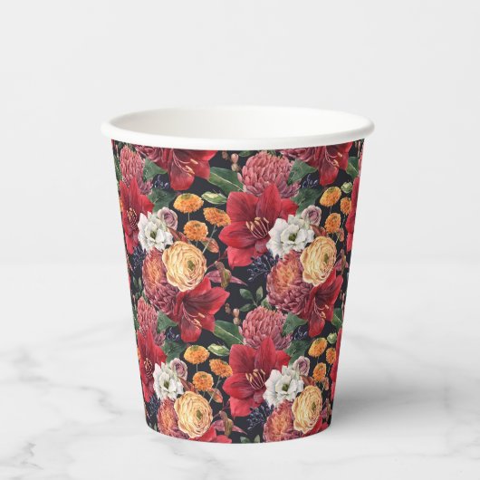 Moody Waterverf Amaryllis en Herfstbloemen Papieren Bekers (Voorkant)