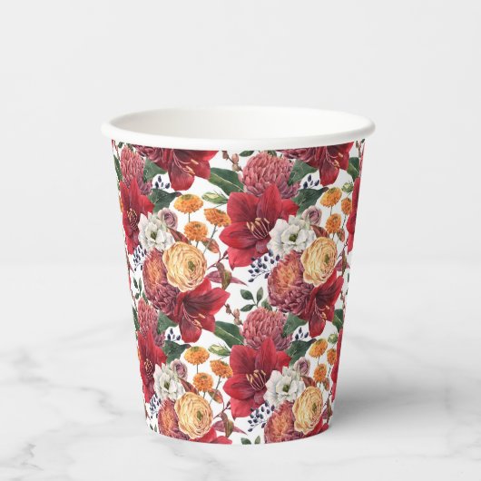 Moody Waterverf Amaryllis en Herfstbloemen Papieren Bekers (Voorkant)