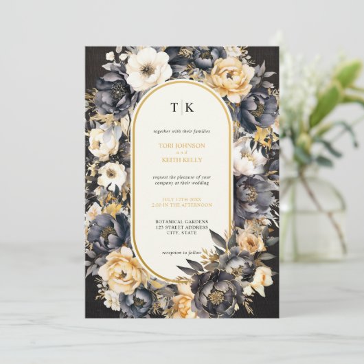 Moody Waterverf Bloemen Zwart-wit Invitation Kaart (Staand voorkant)
