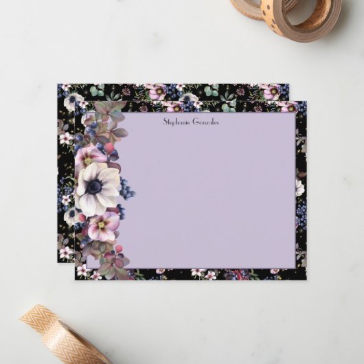 Moody Waterverf Floral Black Pink Personalizeerd Notitiekaartje (Voorkant / Achterkant in situ)