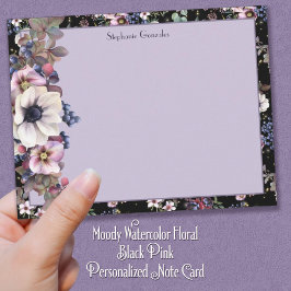 Moody Waterverf Floral Black Pink Personalizeerd Notitiekaartje