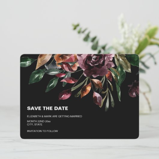 Moody Waterverf Florals Black Save the Date (Staand voorkant)