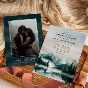 Moody Waterverf Mountains Pine Forest Wedding Kaart