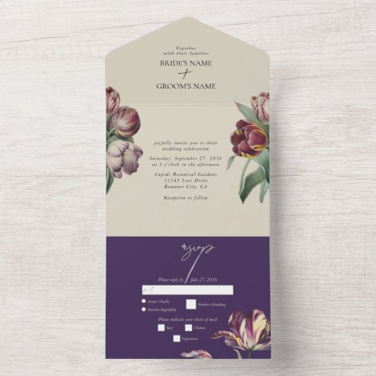Moody Waterverf Paarse Tulpen bruiloft All In One Uitnodiging (Binnen)