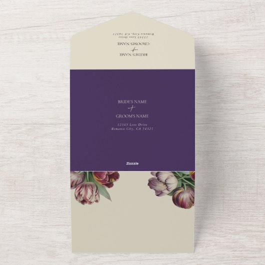 Moody Waterverf Paarse Tulpen bruiloft All In One Uitnodiging (Buitenkant)