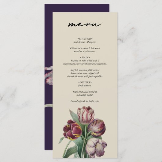 Moody Waterverf Paarse Tulpen bruiloft Menu (Voorkant / Achterkant)