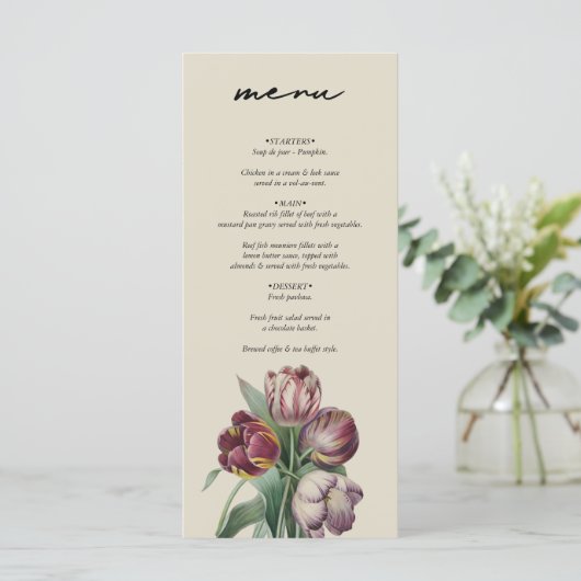 Moody Waterverf Paarse Tulpen bruiloft Menu (Staand voorkant)