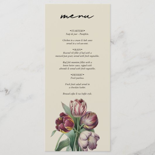 Moody Waterverf Paarse Tulpen bruiloft Menu (Voorkant)