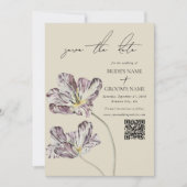 Moody Waterverf Paarse Tulpen bruiloft QR-code Save The Date (Voorkant)
