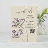 Moody Waterverf Paarse Tulpen bruiloft QR-code Save The Date (Staand voorkant)