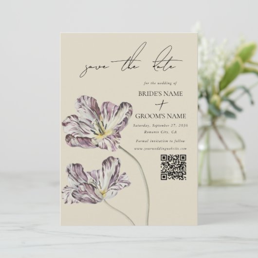 Moody Waterverf Paarse Tulpen bruiloft QR-code Save The Date (Staand voorkant)