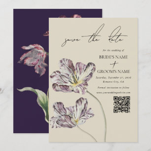 Moody Waterverf Paarse Tulpen bruiloft QR-code Save The Date