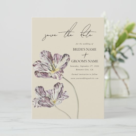 Moody Waterverf Paarse Tulpen bruiloft Save The Date (Staand voorkant)