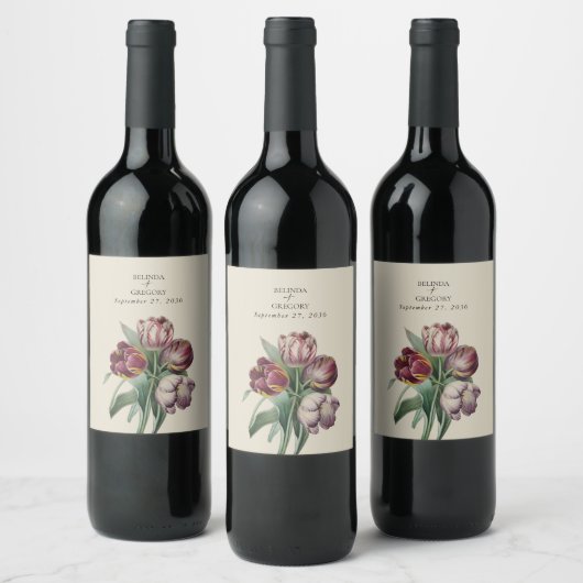 Moody Waterverf Paarse Tulpen huwelijkscadeau Wijn Etiket (Flessen)