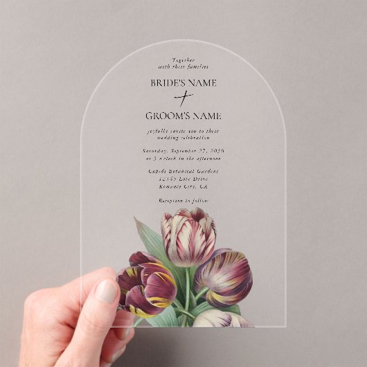 Moody Waterverf Paarse Tulpen Trouwboog Acryl Uitnodigingen (Insitu (Draagbaar))