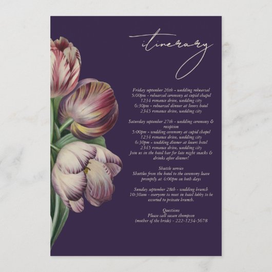 Moody Waterverf Paarse Tulpen Trouwroute Programmakaart (Achterkant)