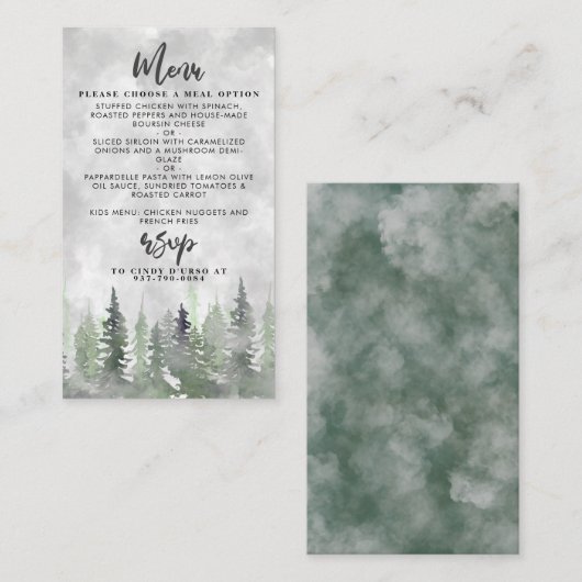 Moody Waterverf Pine Tree Forest Wedding Detail Informatiekaartje (Voorkant / Achterkant)