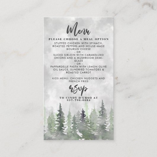 Moody Waterverf Pine Tree Forest Wedding Detail Informatiekaartje (Voorkant)