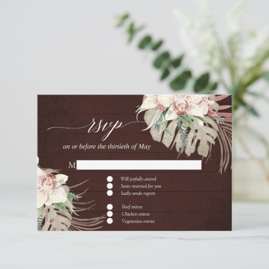 Moody White Orchidee Tropisch Bloemig Burgundy RSV RSVP Kaartje (Staand voorkant)