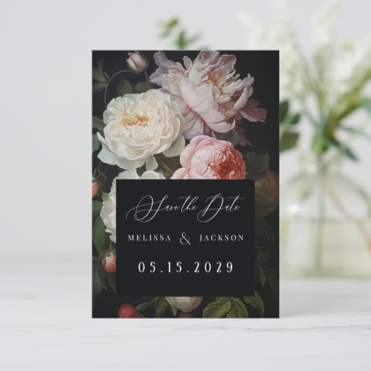 Moody White Peony Blush Roos Save The Date (Staand voorkant)