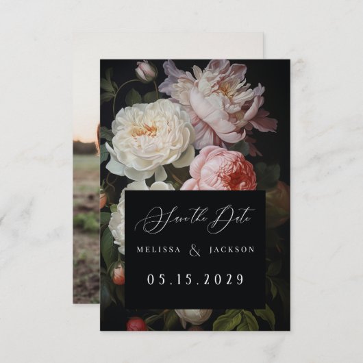 Moody White Peony Blush Roos Save The Date (Voorkant / Achterkant)