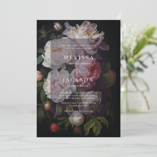 Moody White Peony bruiloft uitnodiging (Staand voorkant)