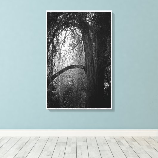 Moody Willow Tree Zwart-wit Landschapsfoto Canvas Afdruk (Insitu (Houten vloer))
