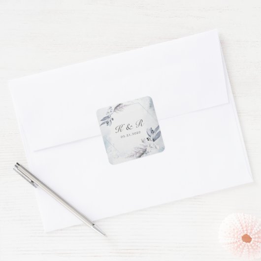 Moody Winter Blauw Bloemen Bruiloft Vierkante Stic Vierkante Sticker (Envelop)