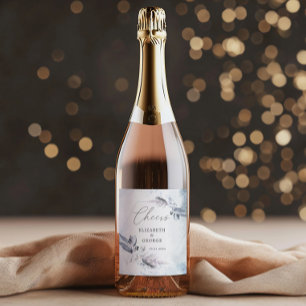 Moody Winter Blauwe Waterverf Bloemmonogram Wijn Etiket