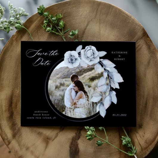 Moody Winter Blue Waterverf Floral Bewaar de datum Briefkaart