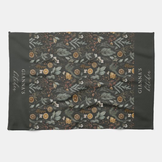 Moody Winter Botanische gepersonaliseerde vakantie Theedoek (Horizontaal)