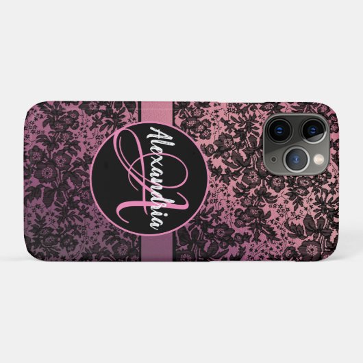 Moody Zwart Bloemen op Roze Monogram Case-Mate iPhone Case (Achterkant (horizontaal))