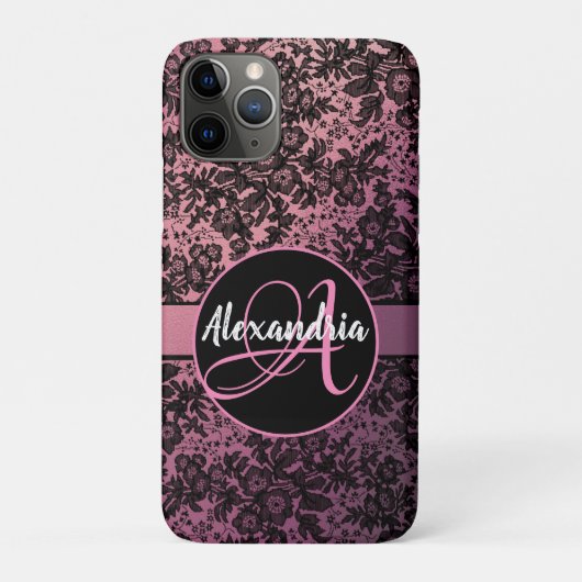 Moody Zwart Bloemen op Roze Monogram Case-Mate iPhone Case (Achterkant)