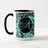 Moody Zwart Bloemen op Turquoise Monogram Mok (Links)
