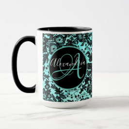 Moody Zwart Bloemen op Turquoise Monogram Mok