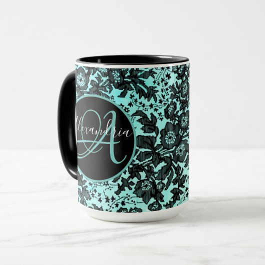Moody Zwart Bloemen op Turquoise Monogram Mok (Voorkant links)