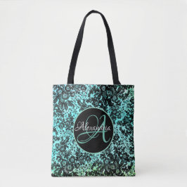 Moody Zwart Bloemen op Turquoise Monogram Tote Bag