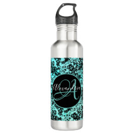 Moody Zwart Bloemen op Turquoise Monogram Waterfles