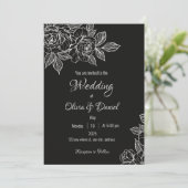 Moody zwart en witte pioen schets bruiloft uitnodi kaart (Staand voorkant)