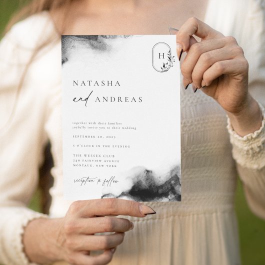 Moody Zwart Waterverf Bruiloft Kaart