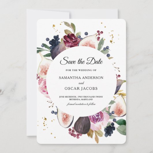 Moody's en Rustic Burgundy Floral & Berry Lijst Save The Date (Voorkant)
