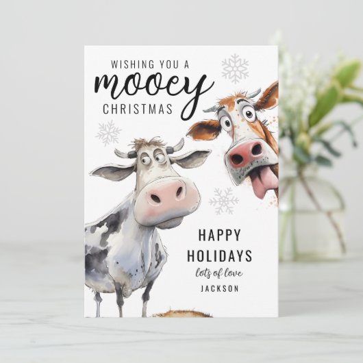 Mooey Christmas Cow Themed Feestdagenkaart (Staand voorkant)