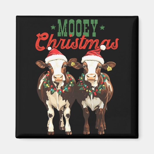 Mooey Christmas Cow With Santa Hats Xmas Lights Me Magneet (Voorkant)