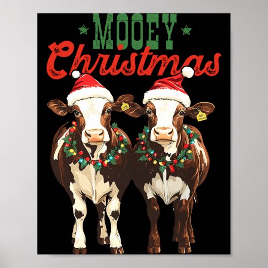 Mooey Christmas Cow With Santa Hats Xmas Lights Me Poster (Voorkant)