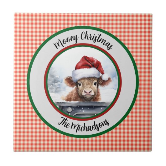 Mooey Christmas Funny Highland Cow Red Gingham  Tegeltje (Voorkant)