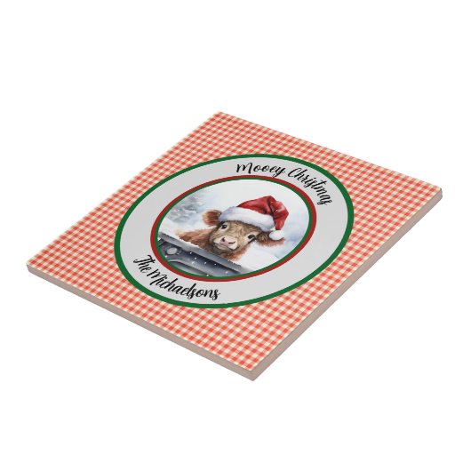 Mooey Christmas Funny Highland Cow Red Gingham  Tegeltje (Zijkant)