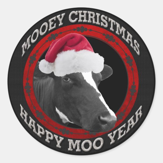 Mooey Christmas Happy Moo Jaar Santa Hat Koe Ronde Sticker (Voorkant)