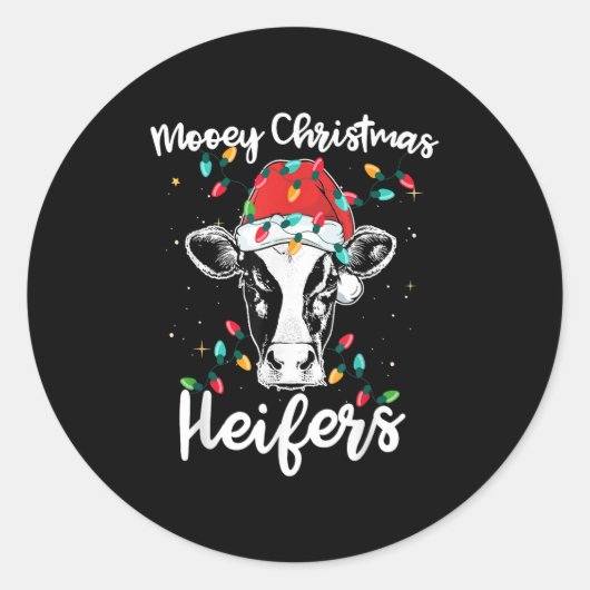 Mooey Christmas Heifers Santa Xmas Lights Cow Love Ronde Sticker (Voorkant)